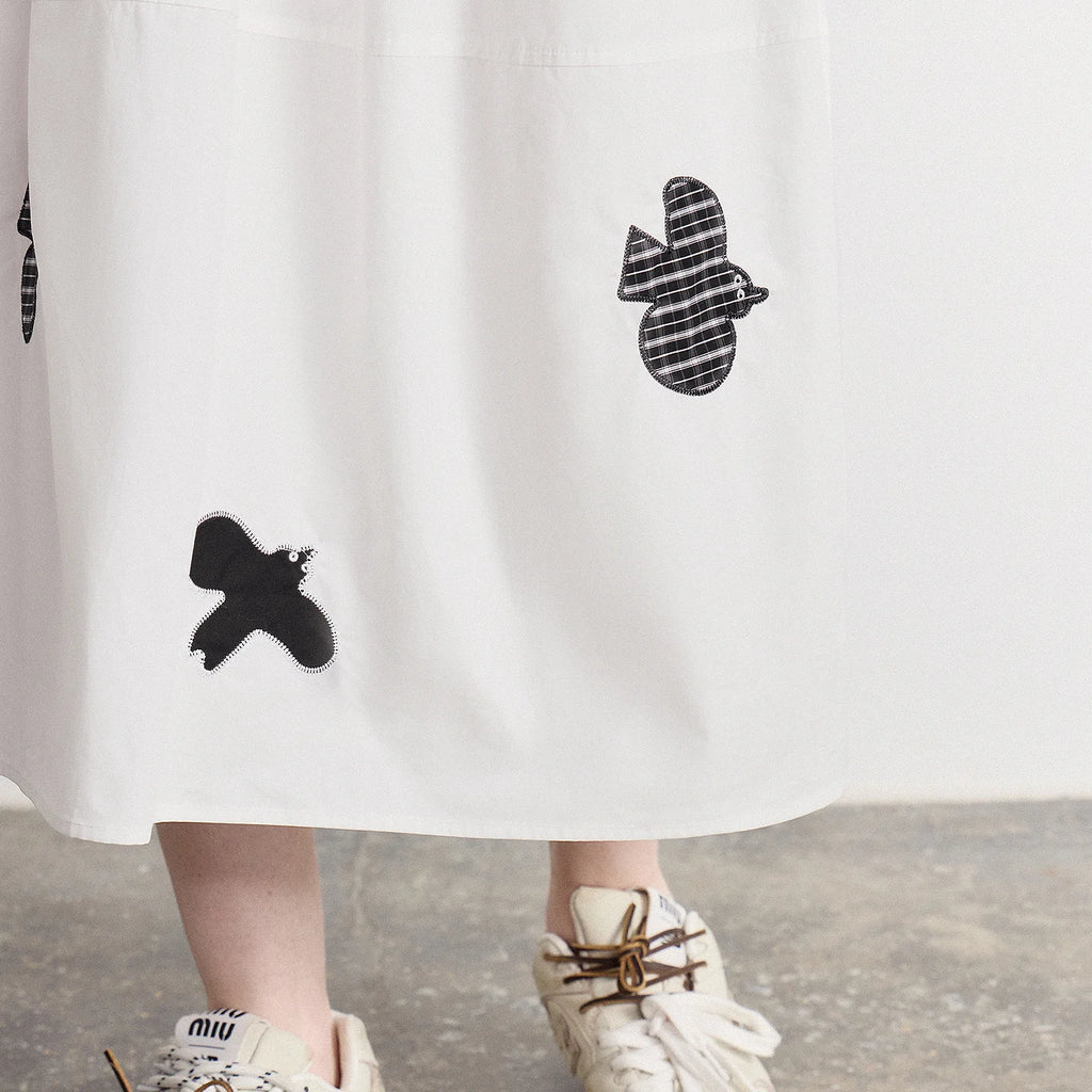 Bird-Motif A-Line Midi Skirt