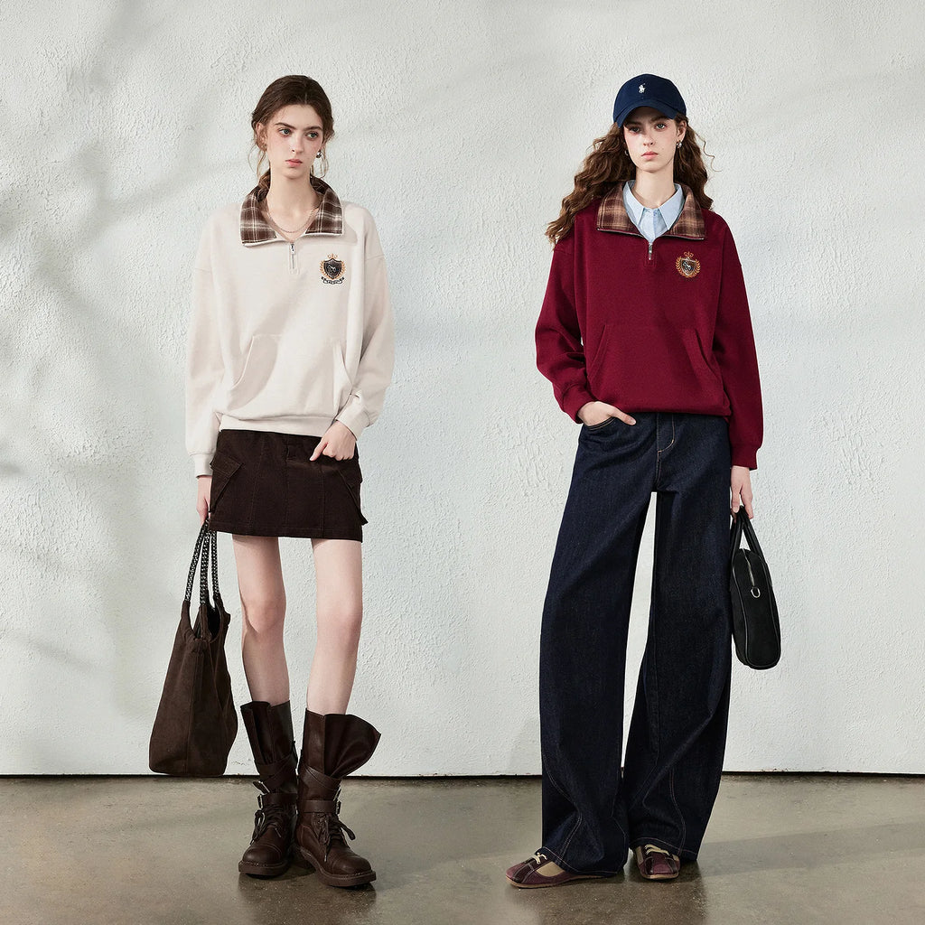 Plaid-Collar Half-Zip Sweatshirt