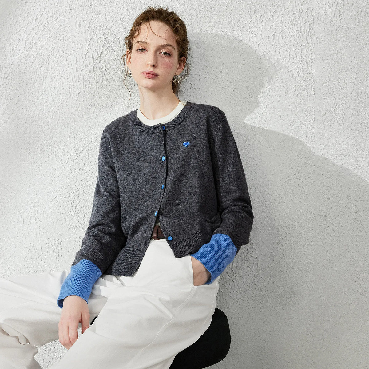 Contrast-Cuff Button-Up Cardigan