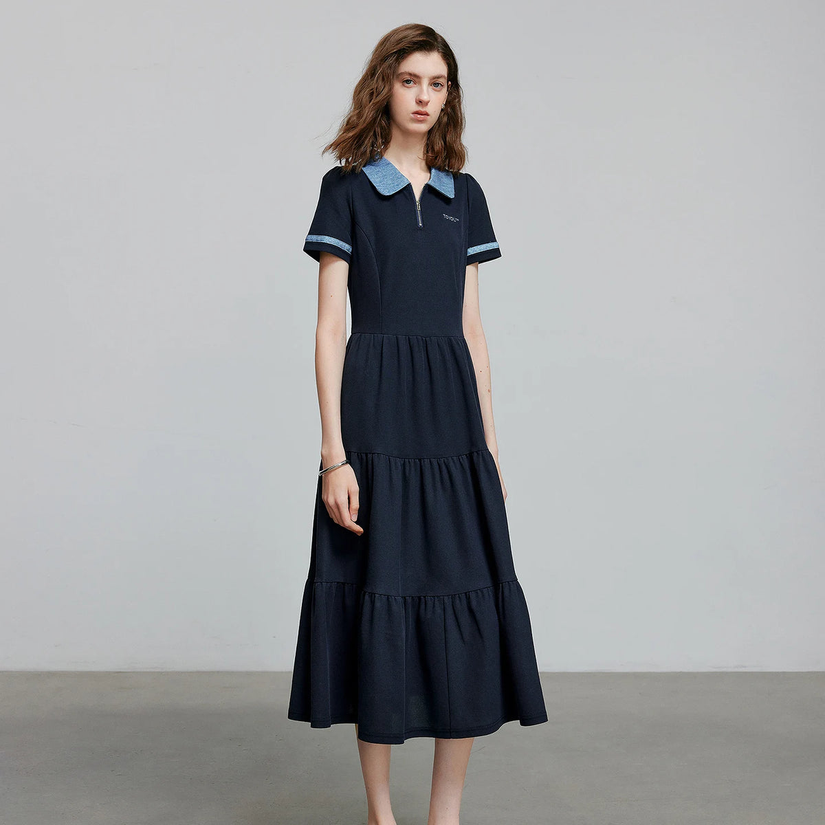 Tiered Short-Sleeve Midi Polo Dress