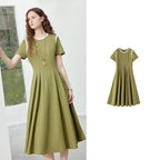 Short-Sleeve Pleated Midi Dress