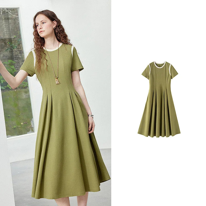 Short-Sleeve Pleated Midi Dress