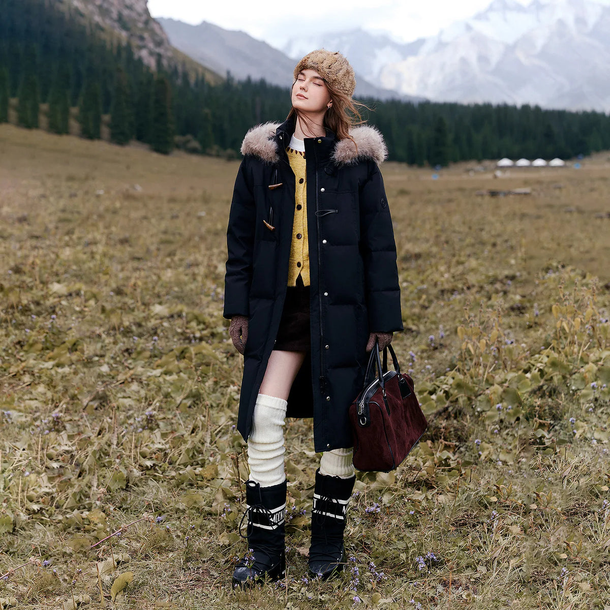 Shaggy-Trim Long Puffer Coat