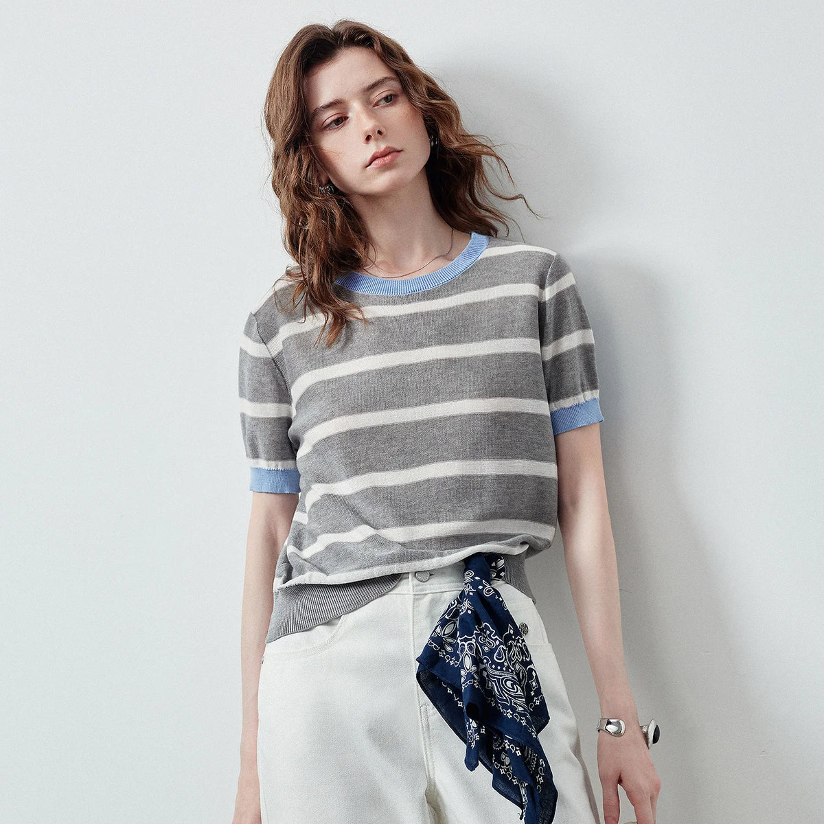 Contrast-Trim Striped Knit Tee