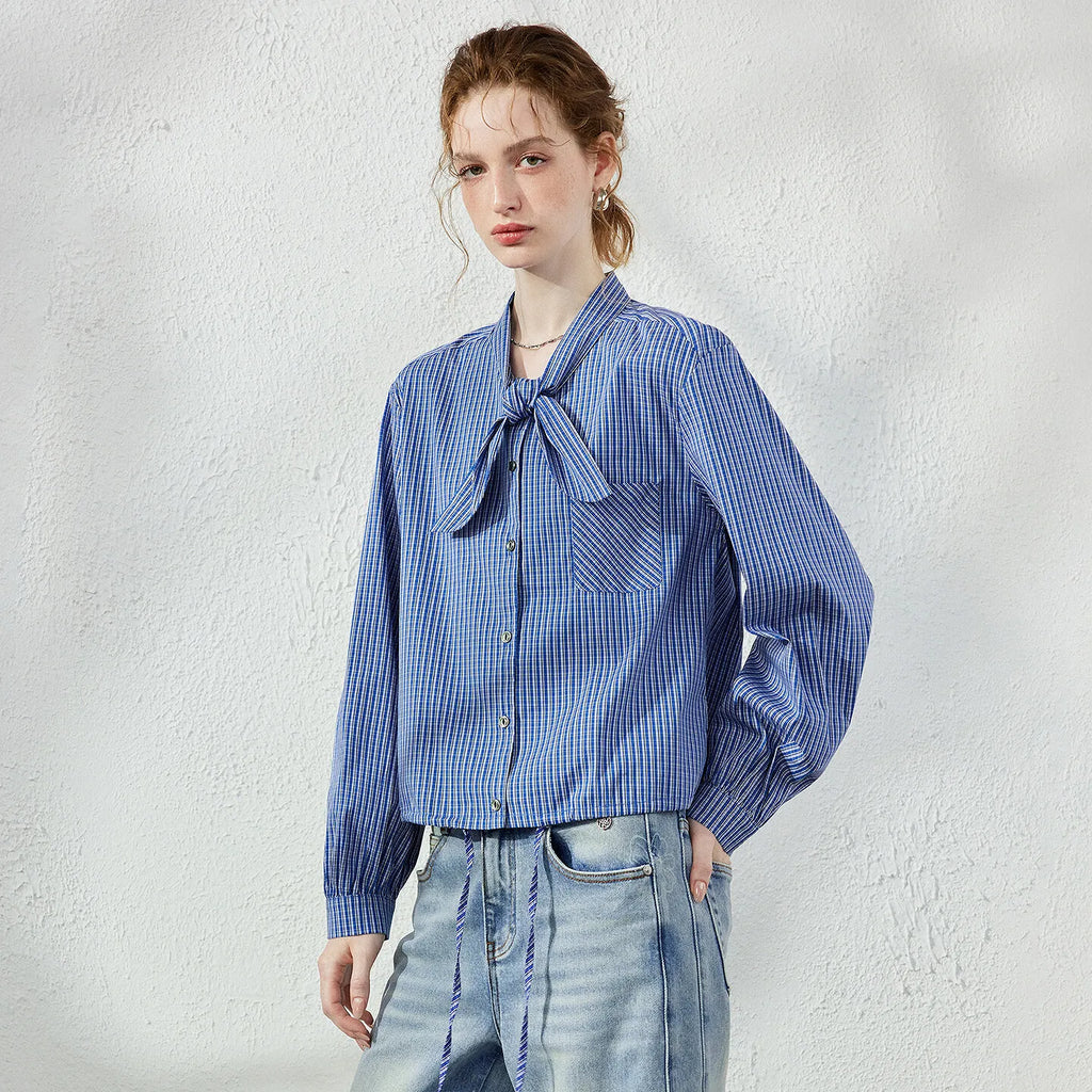 Checked Tie-Neck Blouse