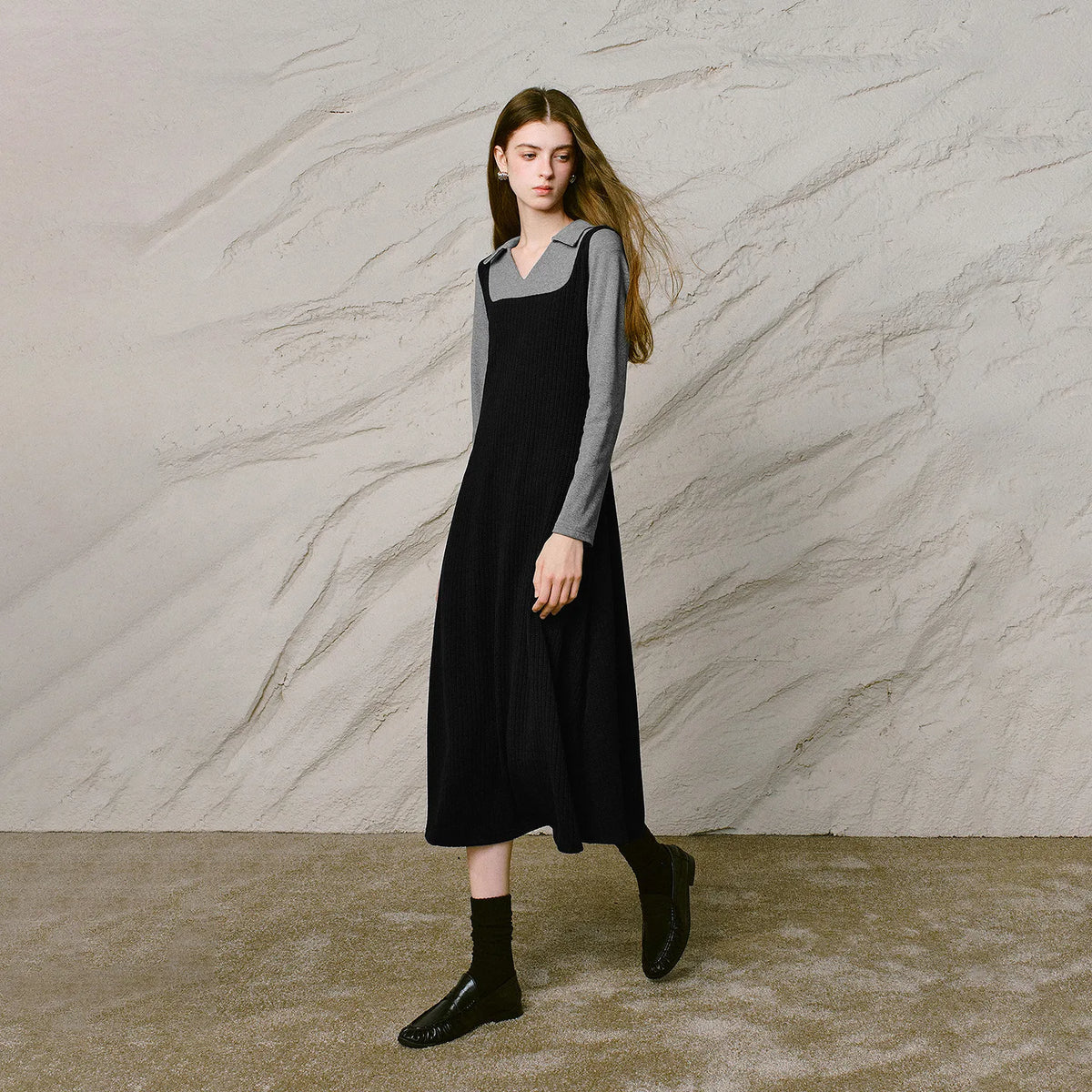 Square-Neck Midi Pinafore Dress