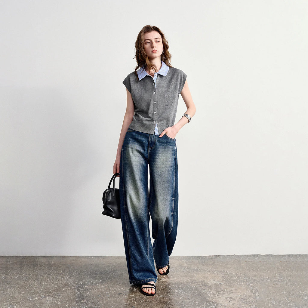 Contrast-Collar Knit Shirt