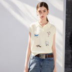 Motif-Detail Sleeveless Collared Top