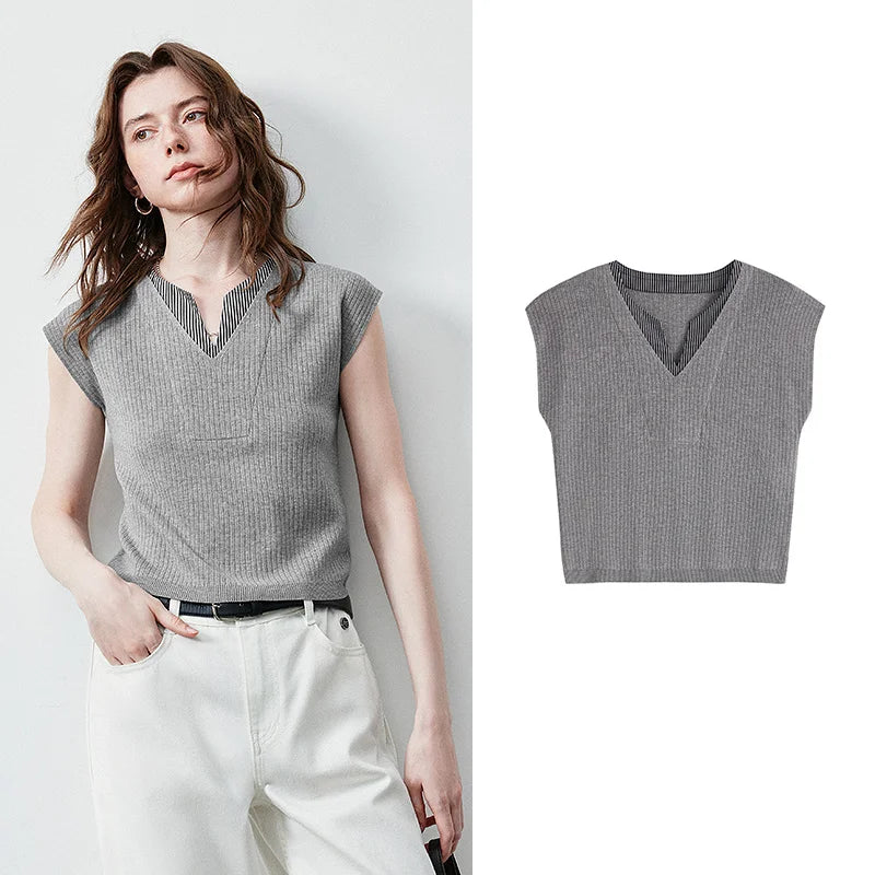 Layered-Look Collared Knit Vest