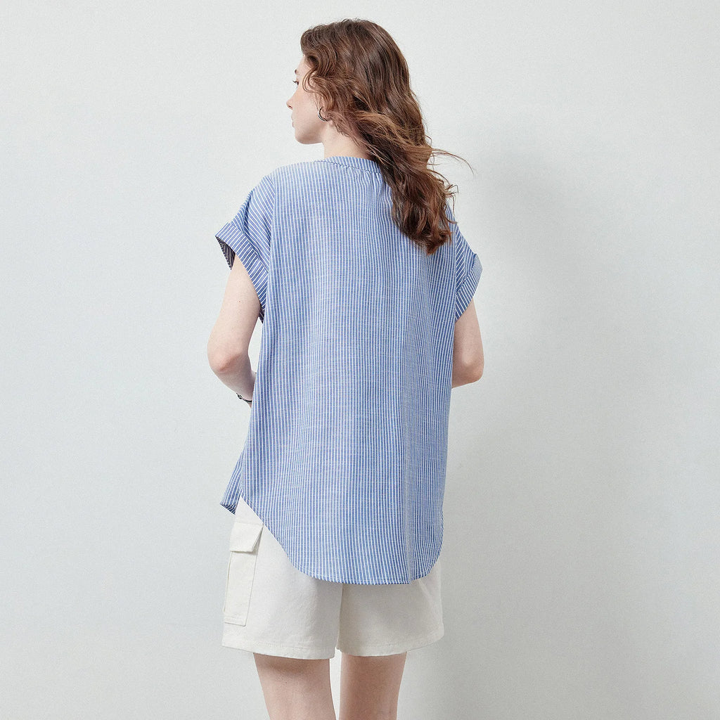 Striped Cap-Sleeve Button Shirt