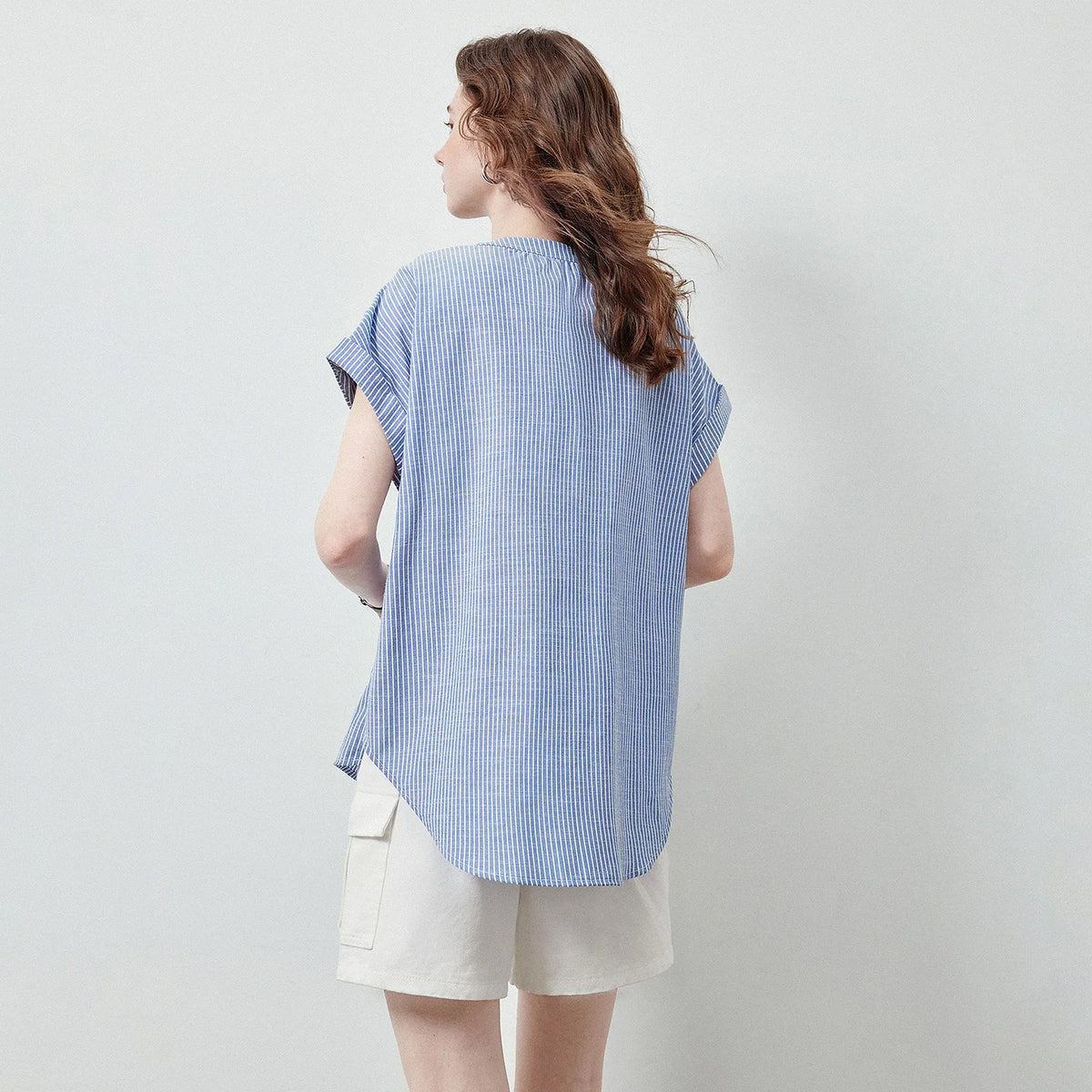 Striped Cap-Sleeve Button Shirt