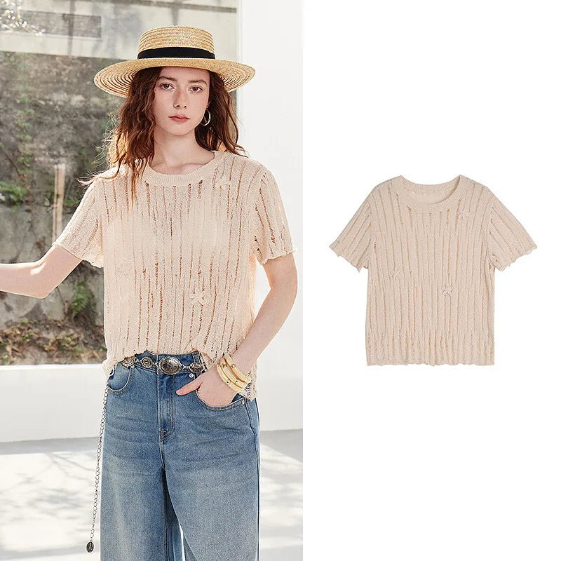 Openwork Short-Sleeve Knit Top