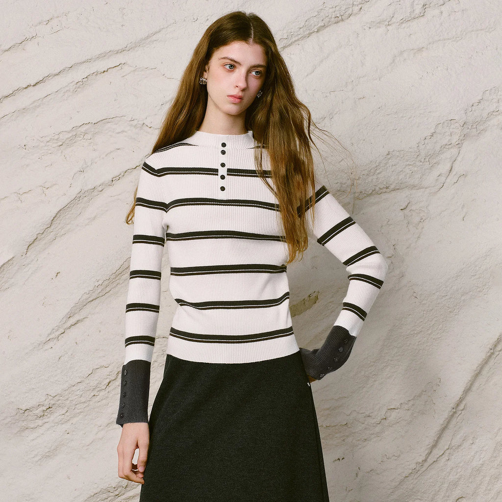 Striped Button-Neck Sweater