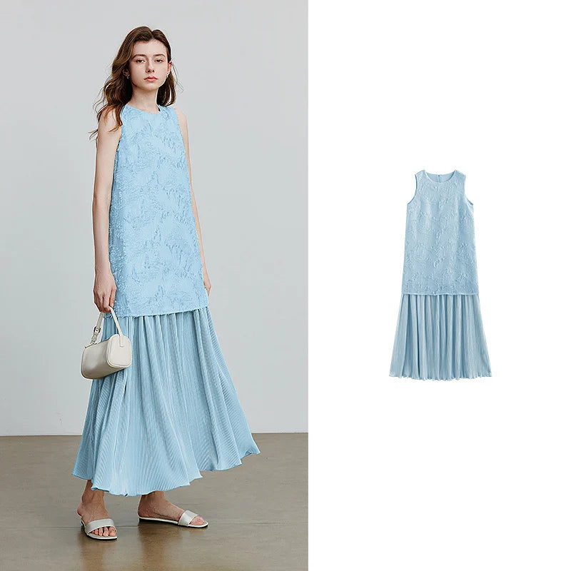 Layered-Look Pleated Sleeveless Dress