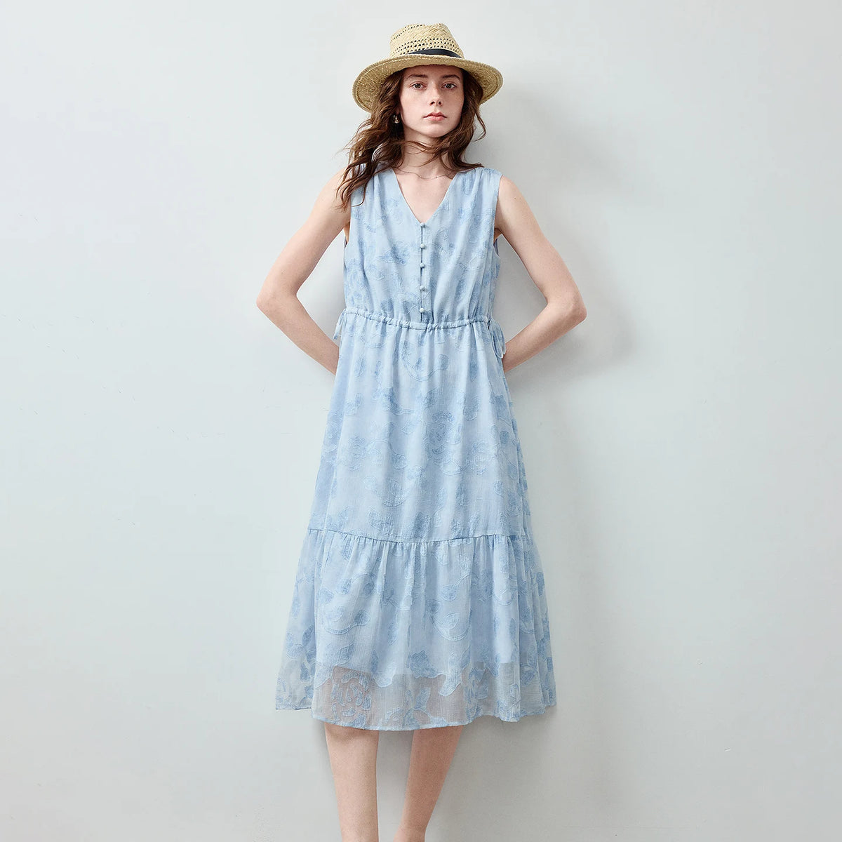 Textured V-Neck Tiered Midi Dress