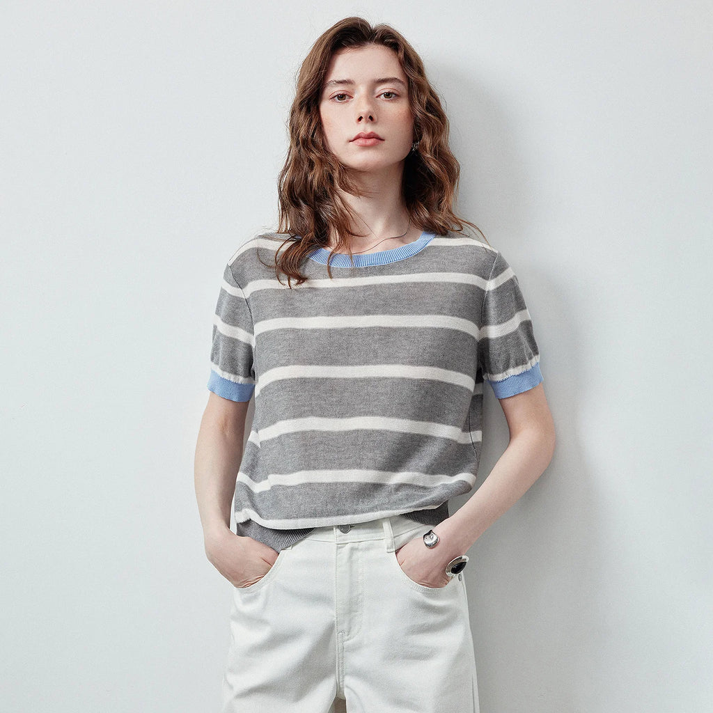 Contrast-Trim Striped Knit Tee