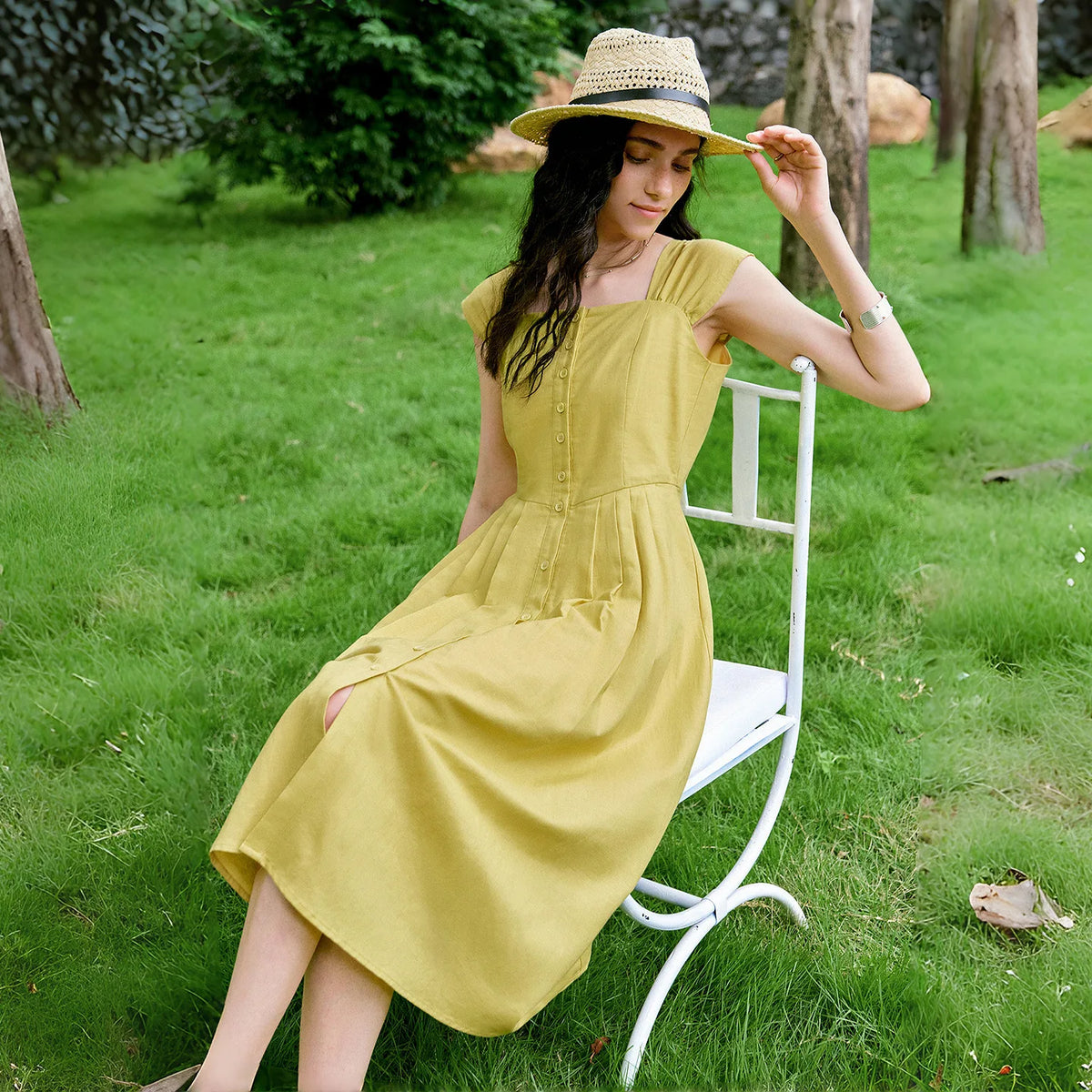Square-Neck Gathered-Waist Midi Dress