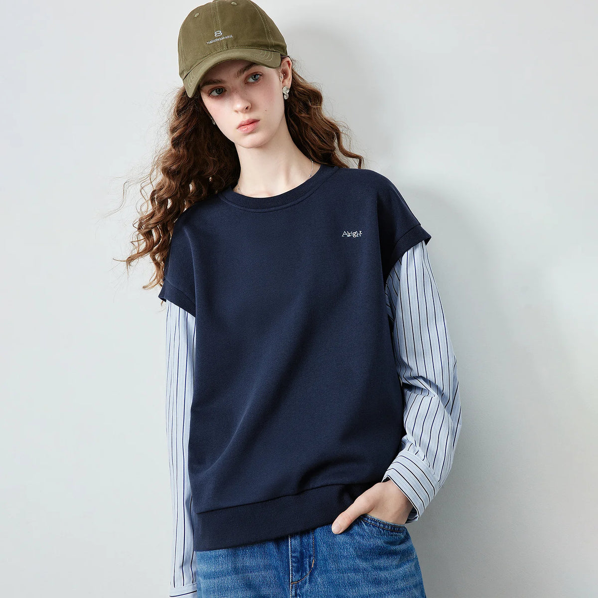 Layered-Look Striped-Sleeve Sweatshirt