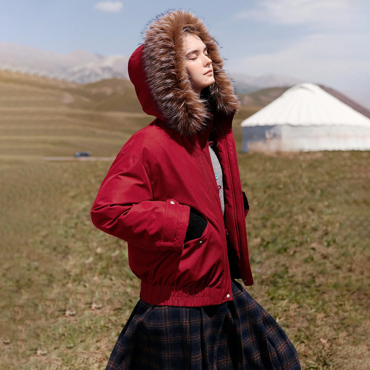 Shaggy-Trim Hooded Toggle Jacket