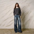 Striped Textured Crewneck Knit Top
