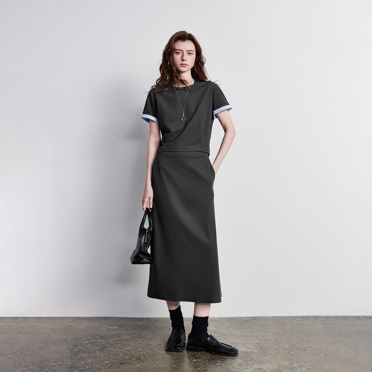 Contrast-Cuff Tee and Midi Skirt Set