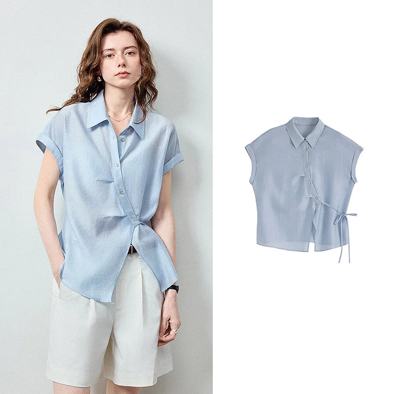 Rolled-Cuff Short-Sleeve Blouse