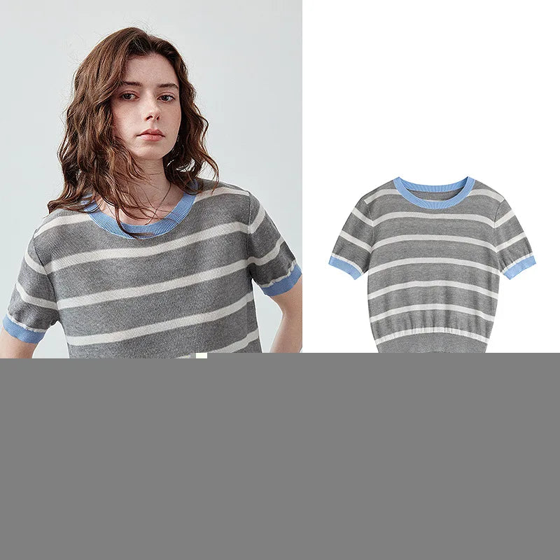 Contrast-Trim Striped Knit Tee