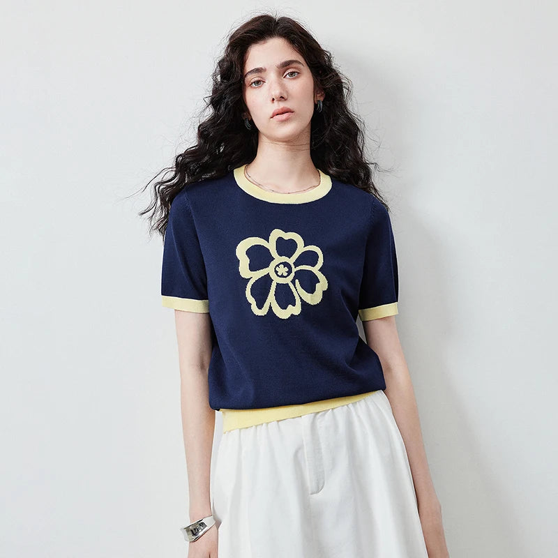 Flower-Motif Contrast-Trim Knit Tee