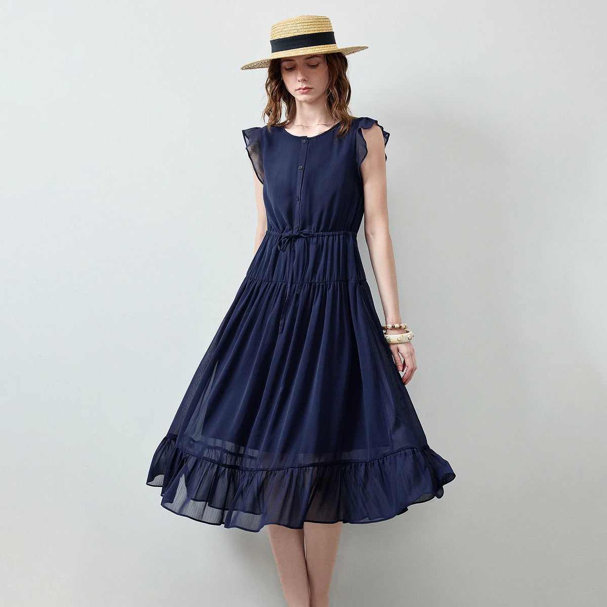 Ruffle-Sleeve Tiered Midi Dress