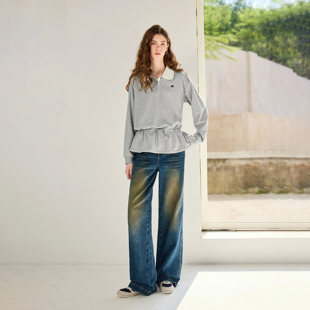 Scalloped-Collar Peplum Sweatshirt