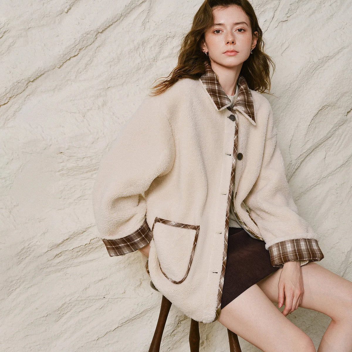 Plaid-Trim Textured Jacket