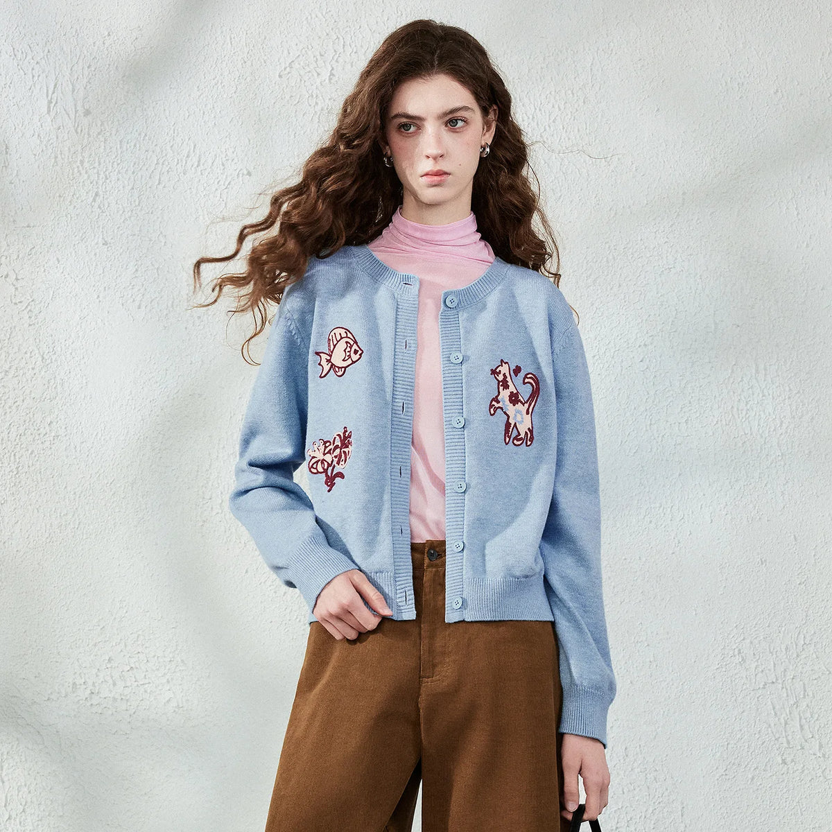 Playful-Motif Crewneck Cardigan