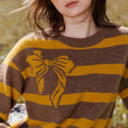 Bow-Motif Striped Knit Sweater