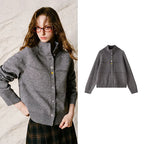 Contrast-Button Stand-Collar Cardigan