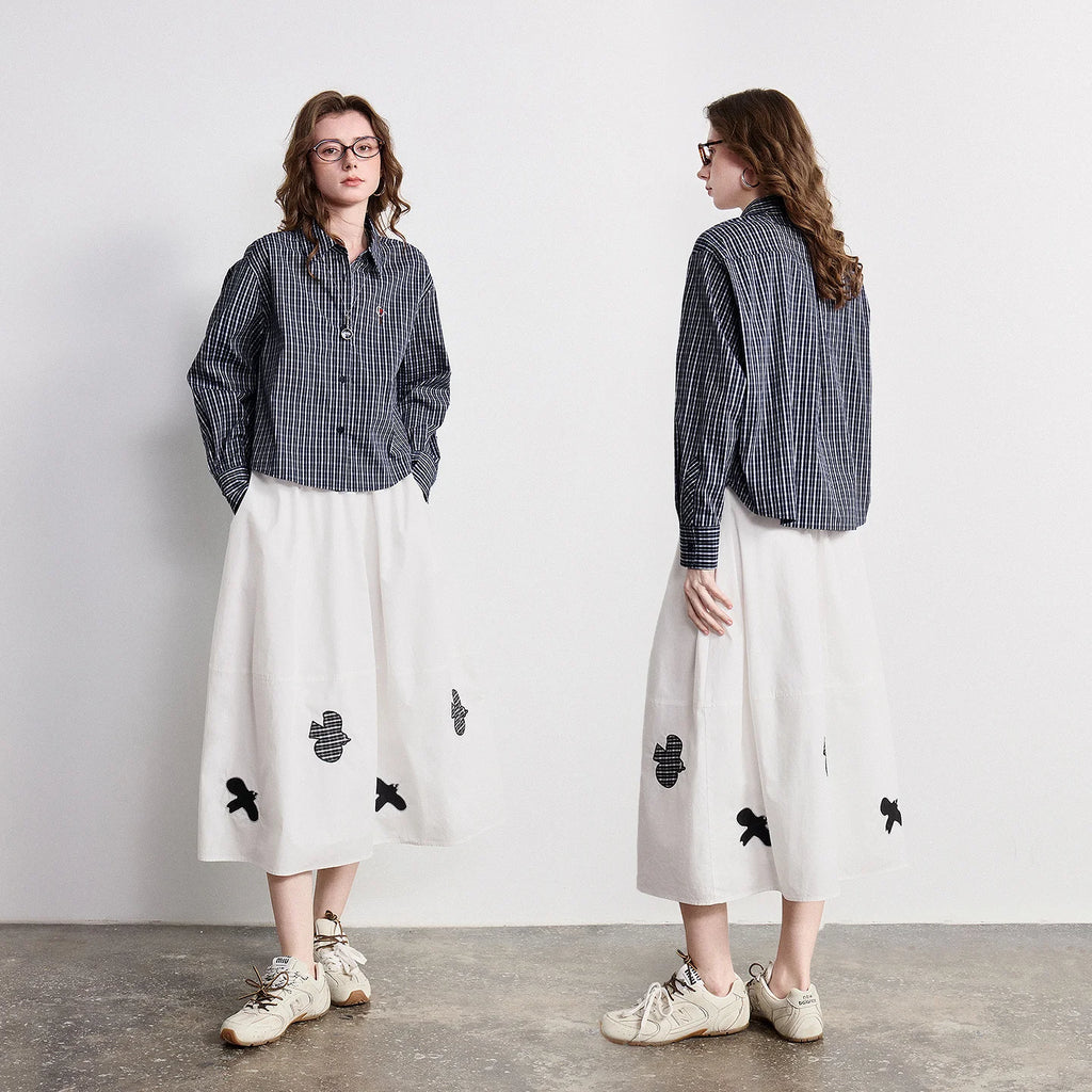 Bird-Motif A-Line Midi Skirt