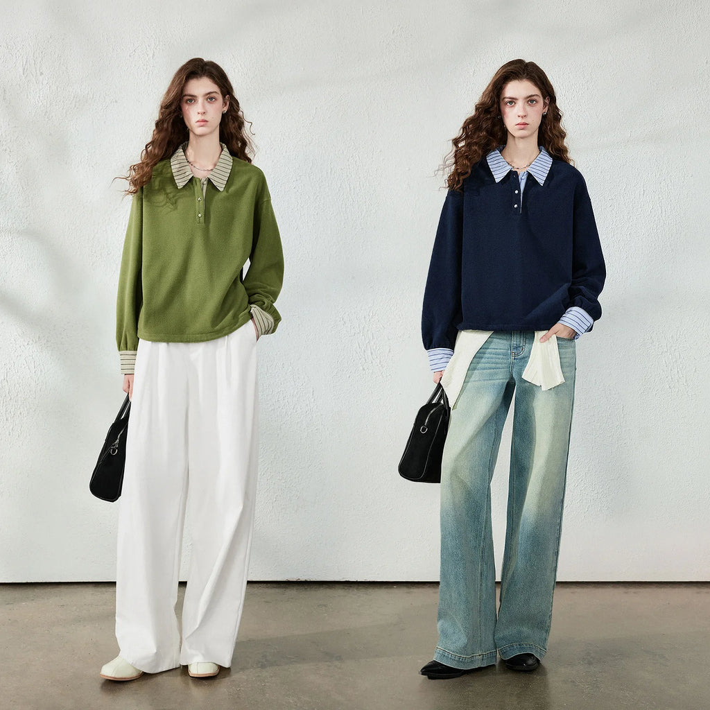 Layered-Look Striped-Collar Sweatshirt