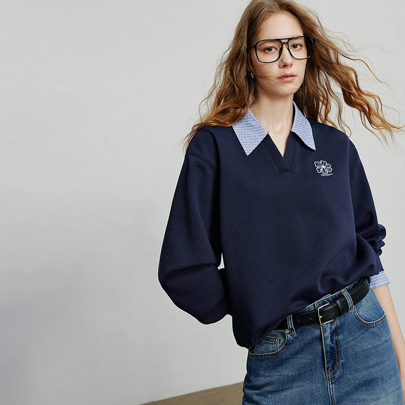 Contrast-Collar Layered-Look Sweatshirt