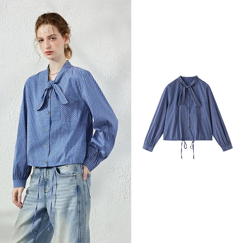 Checked Tie-Neck Blouse