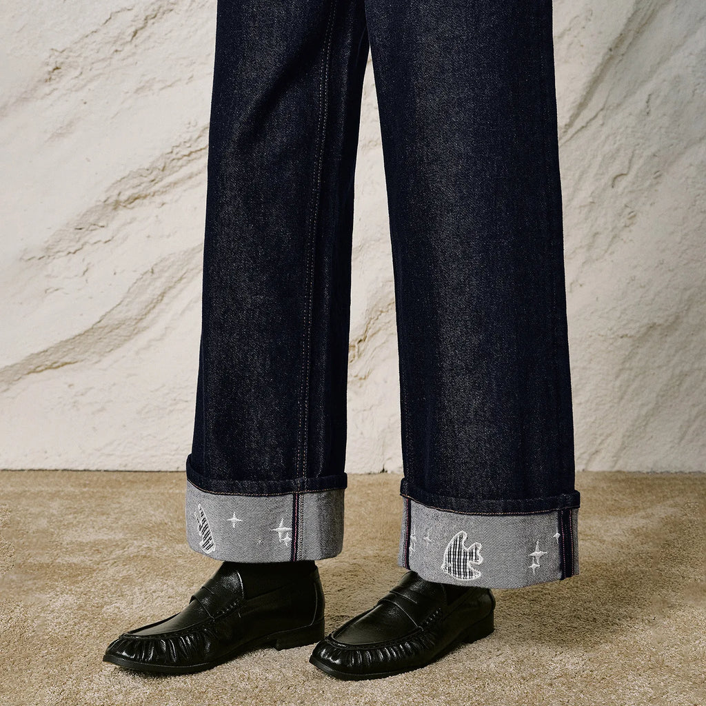 Motif-Cuff Wide-Leg Jeans