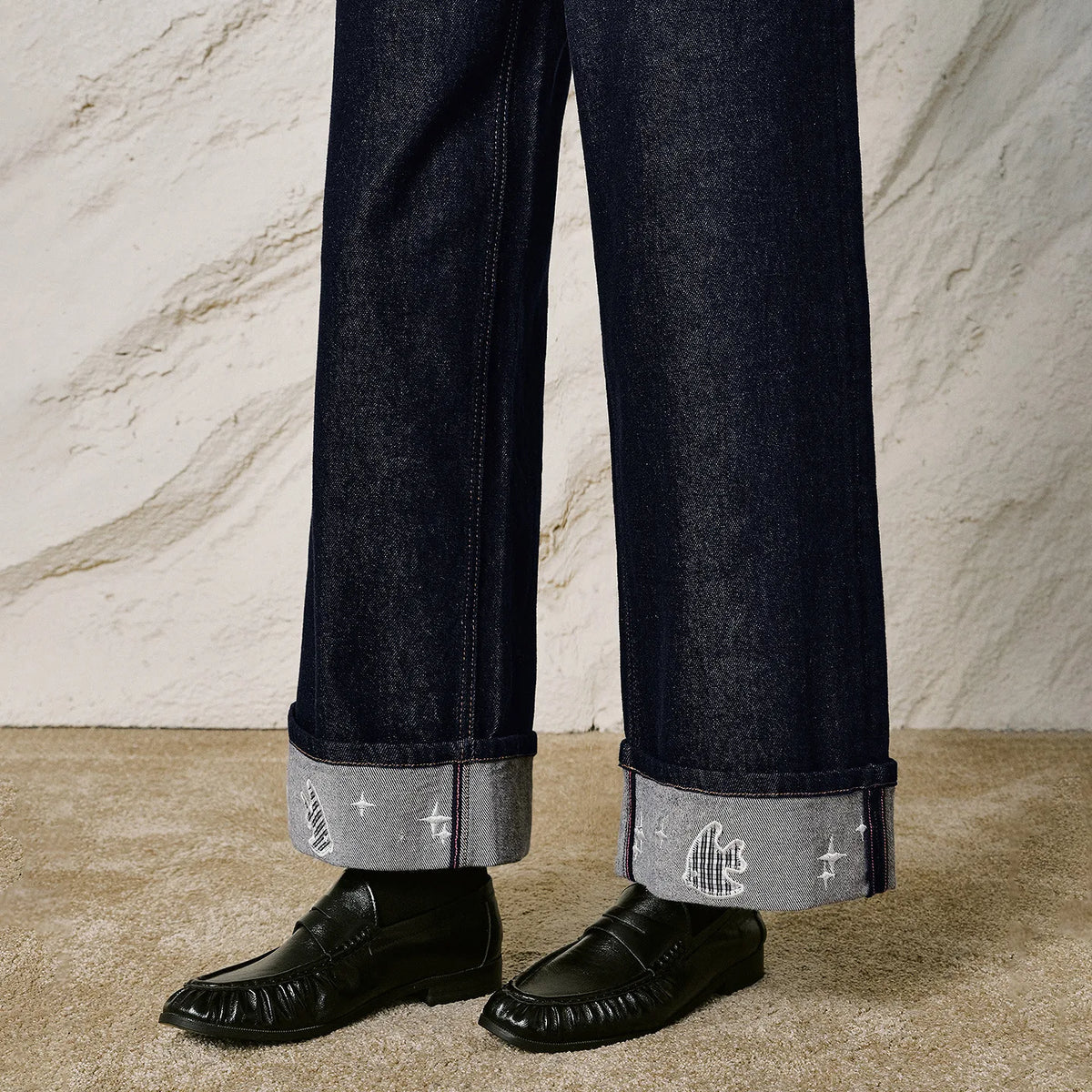 Motif-Cuff Wide-Leg Jeans