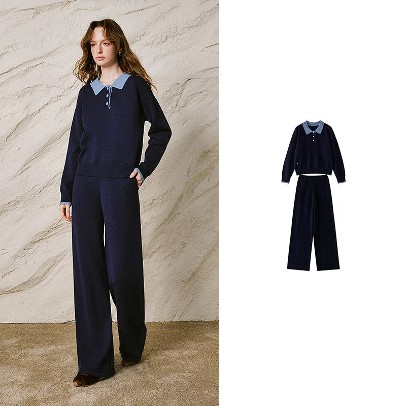 Contrast-Collar Knit Pants Set