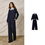 Contrast-Collar Knit Pants Set