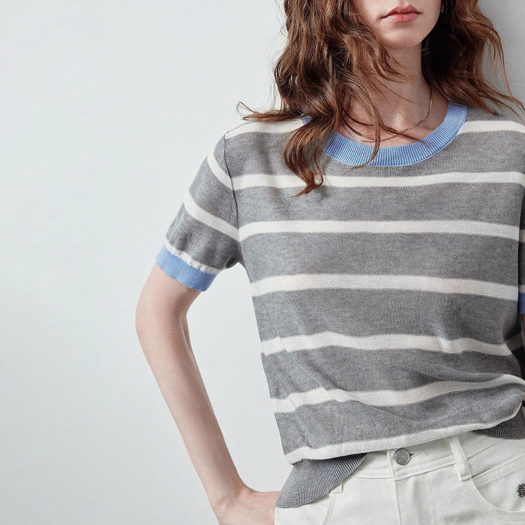 Contrast-Trim Striped Knit Tee