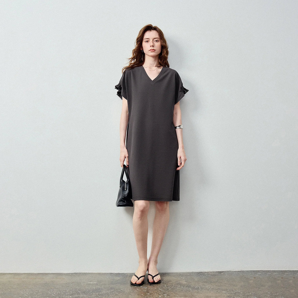 V-Neck Ruffle-Sleeve Shift Dress