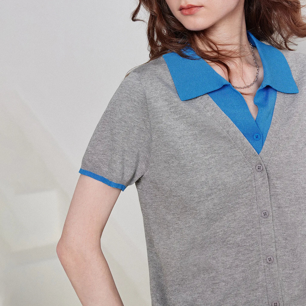Contrast-Collar Short-Sleeve Cardigan