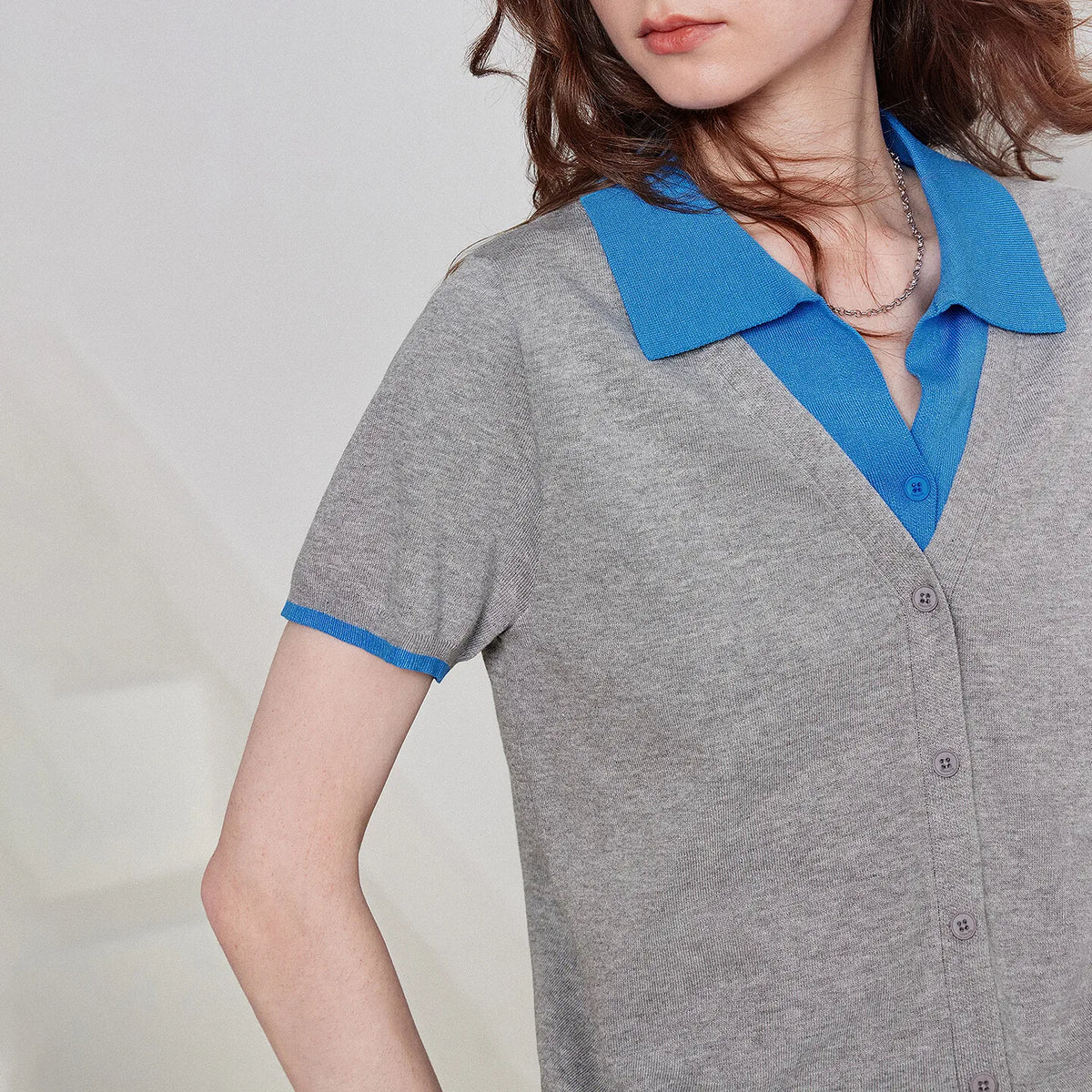 Contrast-Collar Short-Sleeve Cardigan