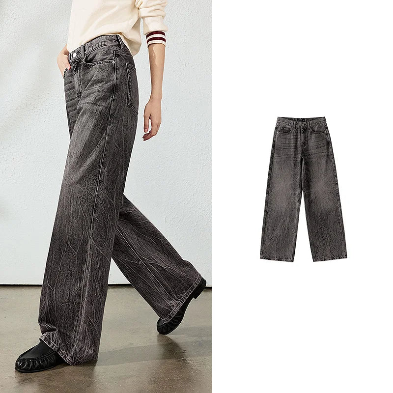Crackled-Wash Wide-Leg Jeans
