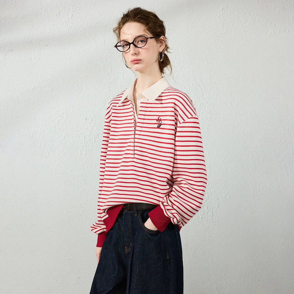 Striped Layered-Look Collared Sweatshirt