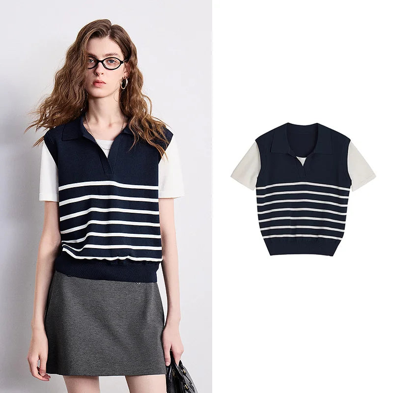 Layered-Look Striped Polo Top