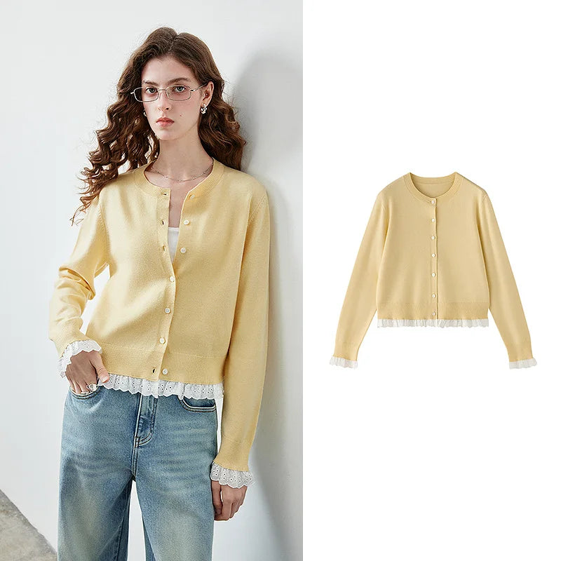 Lace-Trim Cropped Knit Cardigan